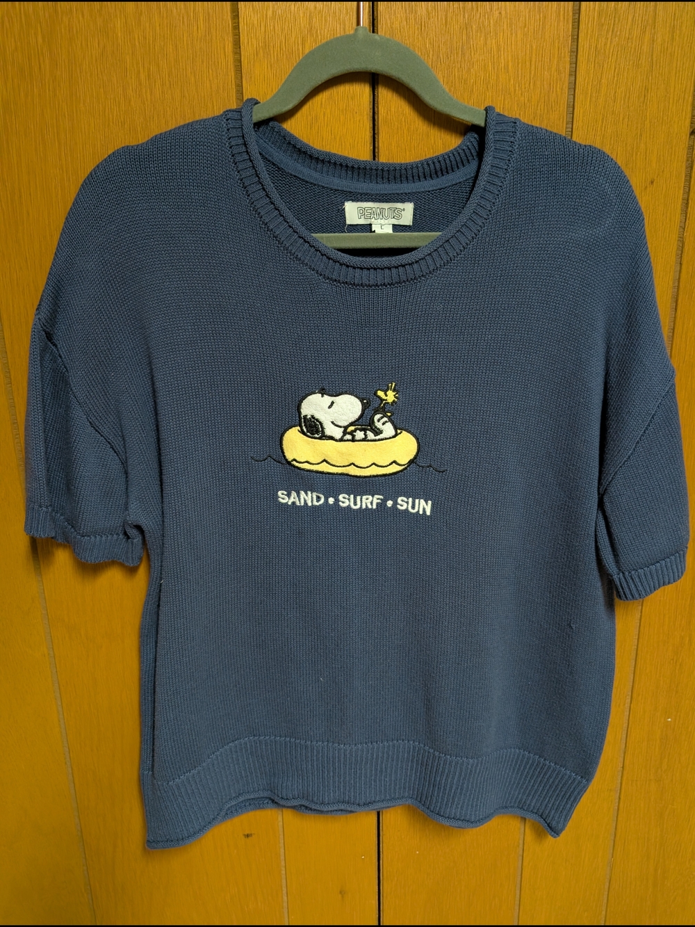 Peanuts Navy Short Sleeve Sweater with Snoopy & Woodstock Float